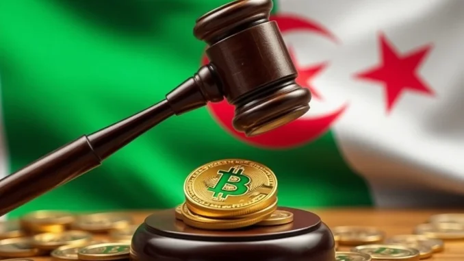 Algeria's crypto ban under AML/CTF law with a gavel crushing digital coins