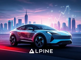 A vibrant chart illustrating ALPINE crypto's dramatic surge, featuring AI vehicle diagnostics and EV fleet management elements.