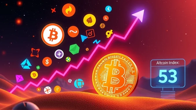 A vibrant chart illustrating Altcoin Season, showing altcoins outperforming Bitcoin, with the Altcoin Season Index at 53.