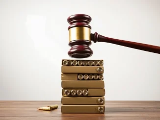 A federal court gavel strikes down California's ammunition background checks, symbolizing the overturning of the controversial gun control law.