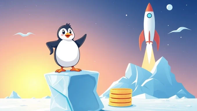 Arctic Pablo Coin mascot, a determined penguin, overseeing a crypto chart showing a massive price surge from its deflationary presale.