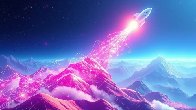 A visual representation of Automata Network (ATM) crypto's explosive growth, showcasing an upward trend with interconnected digital elements.