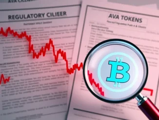 A stark decline on a crypto chart for AVA token, symbolizing the dramatic 716% drop amid regulatory scrutiny for the Avalanche network.