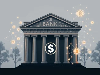 Bank of America stablecoins collaboration: A visual of a bank building merging with digital currency elements, symbolizing financial institutions crypto adoption.