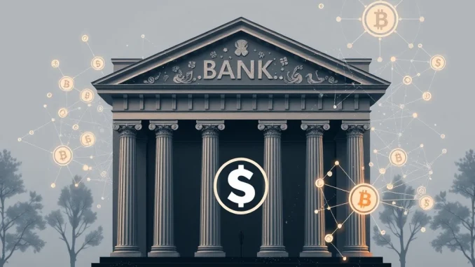 Bank of America stablecoins collaboration: A visual of a bank building merging with digital currency elements, symbolizing financial institutions crypto adoption.