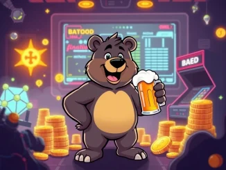BeerBear presale character, a confident bear, surrounded by crypto elements, symbolizing the project's growth potential and audited security.
