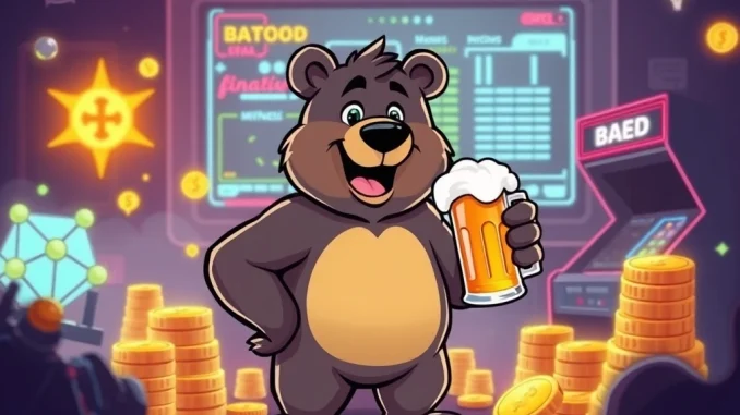 BeerBear presale character, a confident bear, surrounded by crypto elements, symbolizing the project's growth potential and audited security.
