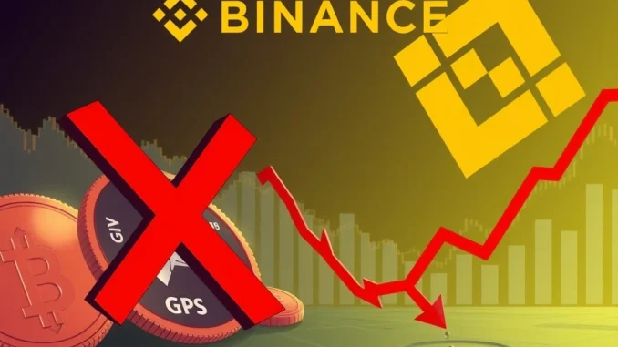 An illustration depicting Binance delisting GPS and HIVE crypto trading pairs due to low liquidity, highlighting market adjustments.
