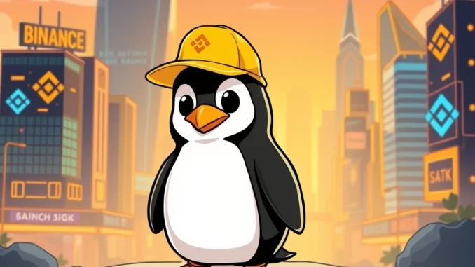 A playful Pudgy Penguin representing Binance.US, symbolizing the crypto exchange's embrace of NFT branding in the digital assets space.