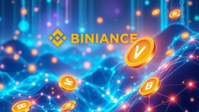 A visual representation of the Binance VRA Airdrop, with digital tokens being distributed, symbolizing crypto rewards and the expansion of DeFi adoption.