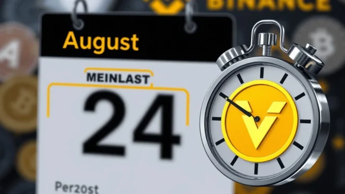 A digital calendar highlighting the new August 24th date for the Binance VRA Airdrop, symbolizing the rescheduled token distribution.