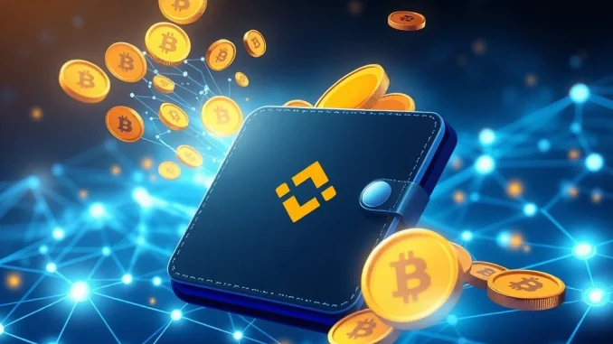 Binance Wallet icon with a shower of BTR tokens and BNB coins, symbolizing the Bitlayer Acceleration Plan and airdrop.