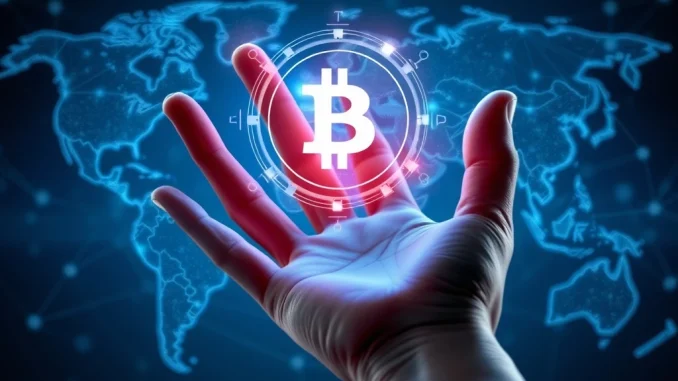 A digital interface showing an iris scan and cryptocurrency symbols, illustrating Divine Research's biometric crypto lending model.