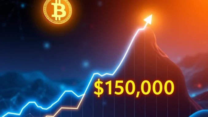 A digital chart showing Bitcoin's price soaring towards a $150K target, symbolizing significant growth in the crypto market.
