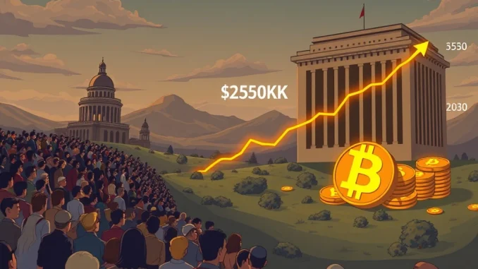 A digital graph showing Bitcoin's price rising towards a $250K price target, representing its growth fueled by institutional adoption.