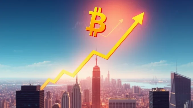 A digital representation of Bitcoin's price reaching a new all-time high, symbolizing market growth and investor excitement.