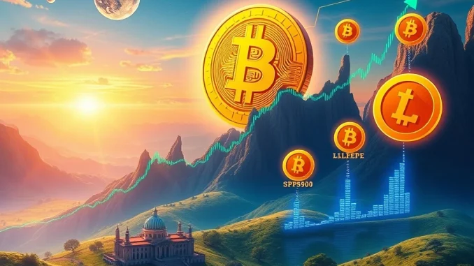 Chart showing Bitcoin's surge and altcoins like LILPEPE, XRP, HBAR, SPX6900 targeting significant gains in today's Bitcoin news.
