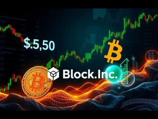 Block Inc. logo integrated into the S&P 500 index, symbolizing Bitcoin's growing influence and mainstream acceptance in finance.