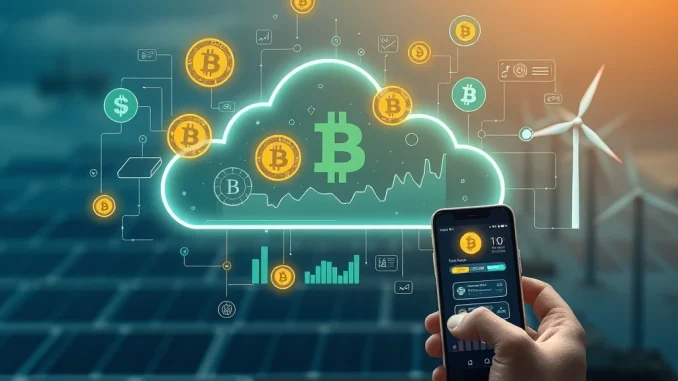 Digital interface showing Bitcoin cloud mining growth and passive income generation.