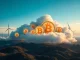 A visual metaphor of Bitcoin cloud mining generating significant returns, attracting institutional crypto investment.