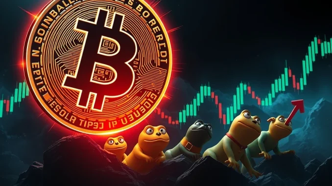 A digital chart illustrating Bitcoin's price nearing a CME gap, causing a significant memecoin sell-off for PEPE and BONK, highlighting crypto market volatility.