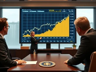 Corporate executives reviewing charts showing the **Bitcoin adoption** surge, reflecting the impact of a new executive order.