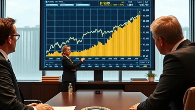 Bitcoin Adoption: Unprecedented Corporate Surge of 35% in Q2 Driven by Executive Order Corporate executives reviewing charts showing the **Bitcoin adoption** surge, reflecting the impact of a new executive order.