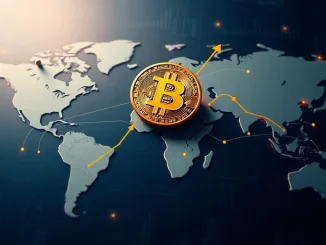 Bitcoin price surge visualized with charts and global trade symbols, representing the impact of US-EU trade talks and institutional demand.
