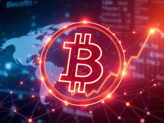 A glowing Bitcoin symbol at the center of a global network, illustrating Bitcoin's revolutionary impact on decentralized finance.