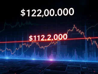 A visual representation of Bitcoin's price reaching a critical $122K threshold, symbolizing a potential market breakout or decline, crucial for Bitcoin's future.