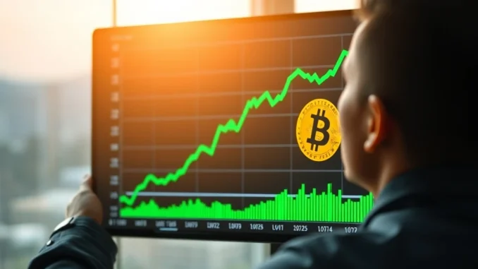 A hopeful investor observing a Bitcoin price chart, illustrating the opportunity to buy the Bitcoin dip as advised by CZ.