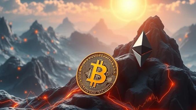 Bitcoin and Ethereum digital asset investment growth visualized in a futuristic financial landscape