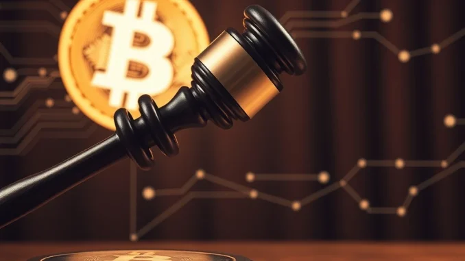 A gavel and Bitcoin symbol representing the severe penalties for Bitcoin fraud and crypto laundering.