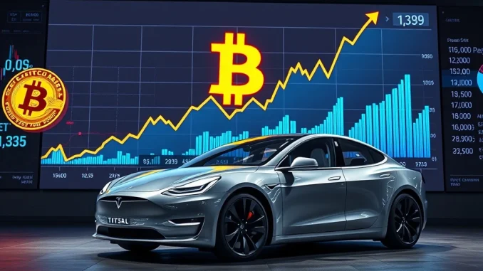 Bitcoin gains significantly boost Tesla's Q2 earnings, depicted by rising financial charts and a prominent Tesla vehicle.