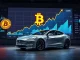 Bitcoin gains significantly boost Tesla's Q2 earnings, depicted by rising financial charts and a prominent Tesla vehicle.