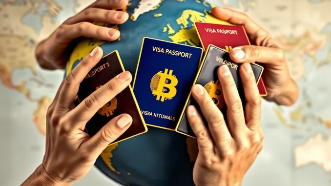 Representing the tightening global 'Bitcoin Golden Visa' landscape, a hand withdraws a golden passport with crypto symbols.
