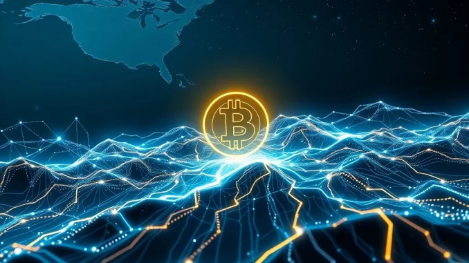 A vibrant visualization of Bitcoin's surging hashrate, depicting global network power and robust network security.