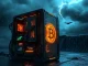 Bitcoin mining rig during a storm, highlighting hashrate drop and profit surge