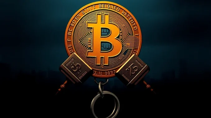 Illustrates the severe consequences of Bitcoin laundering, with digital currency symbols entangled in a legal struggle, representing the Beijing embezzlement case.