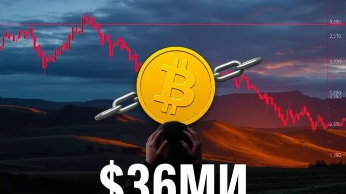 A chart illustrating a dramatic Bitcoin liquidation, symbolizing the $36M loss from AguilaTrades' leveraged trading position and highlighting crypto risk.