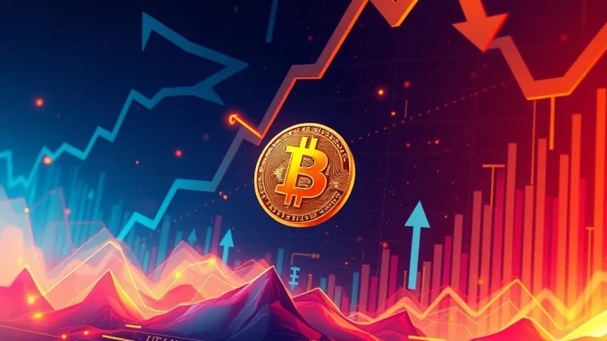 A visual representation of a potential Bitcoin liquidation event, showing a red downward arrow on a price chart with large dollar amounts, indicating market risk.