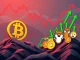 Visualizing Bitcoin's market correction as major altcoins dip and memecoins surge in a volatile crypto landscape.