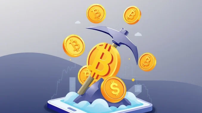 A smartphone displaying Bitcoin symbols and mining tools, representing the potential for BTC Miner earnings in the digital age.