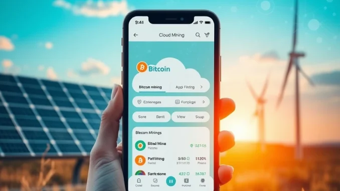 A mobile app interface for AIXA Miner, showcasing simplified Bitcoin mining powered by renewable energy.