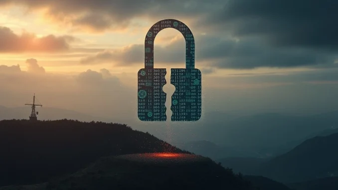 A digital lock breaking apart, symbolizing the collapse of a Bitcoin mixer amidst a darknet crackdown and the ongoing challenges to crypto privacy.