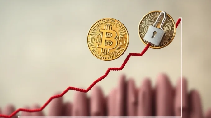 Bitcoin: The Ultimate Safeguard Against Soaring US National Debt Bitcoin coins symbolizing a digital asset hedge against the backdrop of rising US National Debt, representing a safeguard against economic uncertainty.