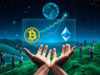 Depiction of global Cryptocurrency Adoption with Bitcoin and Ethereum symbols, illustrating the surge in digital asset investment.