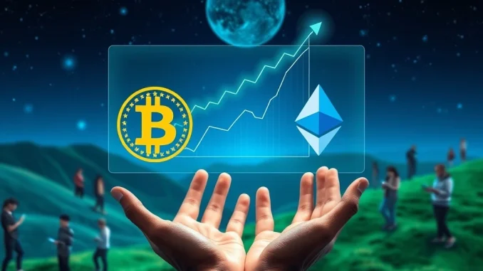 Depiction of global Cryptocurrency Adoption with Bitcoin and Ethereum symbols, illustrating the surge in digital asset investment.