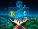 Depiction of global Cryptocurrency Adoption with Bitcoin and Ethereum symbols, illustrating the surge in digital asset investment.
