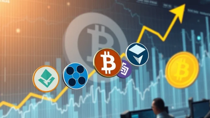 A chart showing various altcoins, including Chainlink and XRP, experiencing significant Altcoin Upside, while Bitcoin News Today dominates the backdrop.